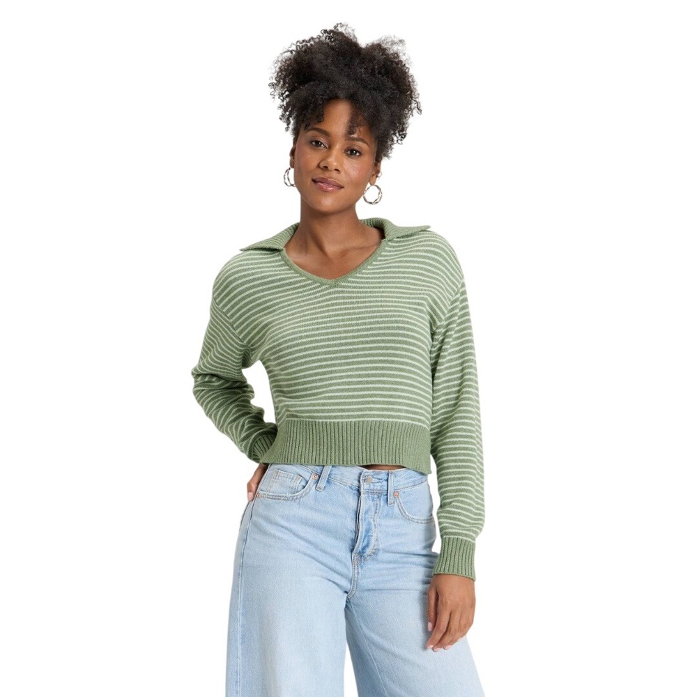 Universal Thread Women's Green Striped Polo Collar V Neck Sweater Size M